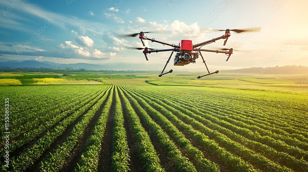 Drone flying over a vast field For showcasing advanced agricultural technology Concept. Drone flying over a vast field For showcasing advanced agricultural technology Concept.