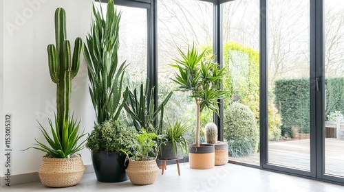 Bright Living Room Entrance with Glass Doors, Indoor Plants, and Minimalist Decor photo