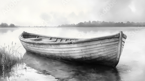 Black White Watercolor Drawing Boat Lak