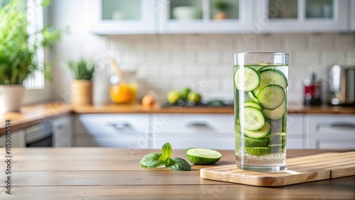 Refreshing glass of detoxifying cucumber water on a clean kitchen counter, hydration, healthy living,  hydration, healthy living photo