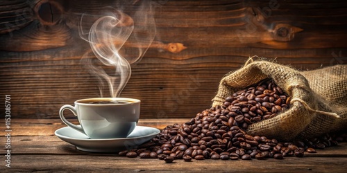 Aromatic cup of coffee with a heart shape smoke rising from the surface, surrounded by coffee beans on a burlap sack against an old wooden background , cup, smoke