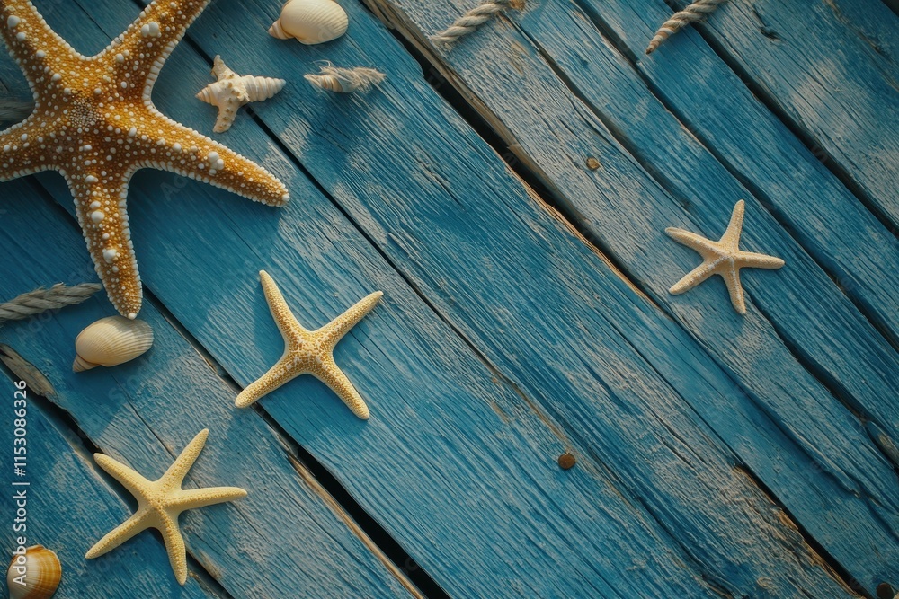 Starfish, shells, rope on blue wood. Starfish, shells, rope on blue wood.