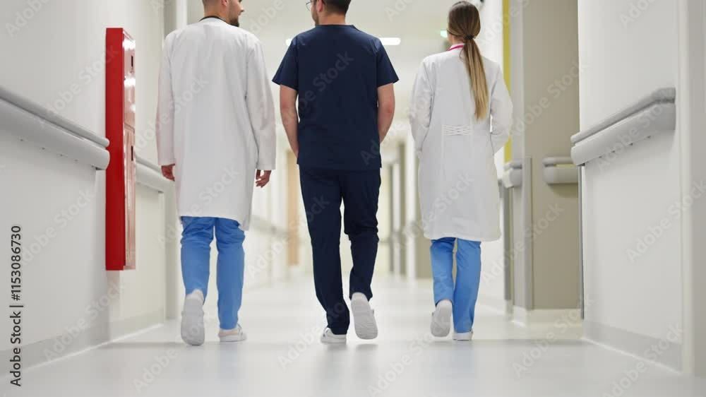 Group of healthcare professionals walking through a bright hospital corridor, showcasing teamwork and professionalism. Concept of medical staff in motion, healthcare collaboration, modern hospitals