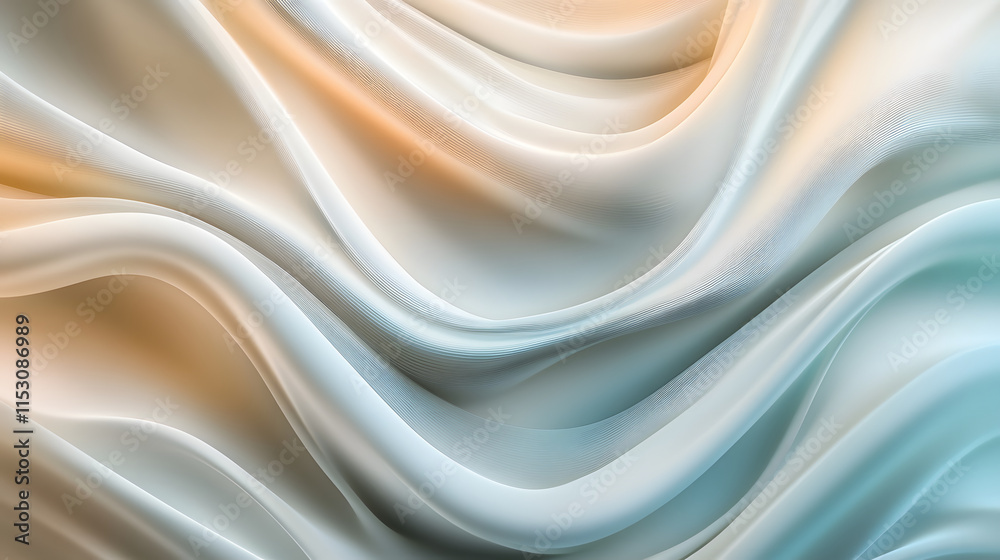 Obraz premium Smooth abstract background featuring soft, flowing wave like curves in pastel tones of beige, blue, and orange, creating serene and elegant visual effect