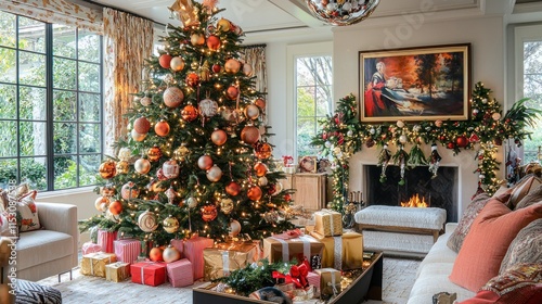 Luxurious Living Room Christmas Tree Decorated With Ornaments And Gifts