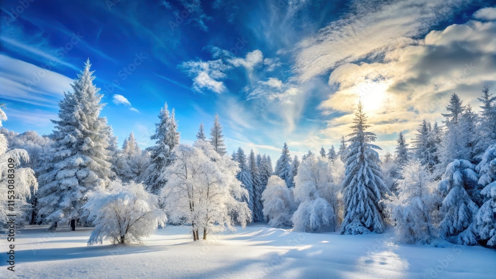 Dense snow-covered forest with frosty trees and sparkling ice, set against a clear blue winter sky with fluffy white clouds, winter landscape, snow covered trees Dense snow-covered forest with frosty trees and sparkling ice, set against a clear blue winter sky with fluffy white clouds, winter landscape, snow covered trees
