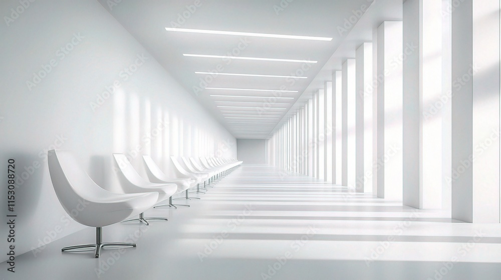 Naklejka premium Modern Empty Hospital Corridor with White Chairs in Bright Lighting