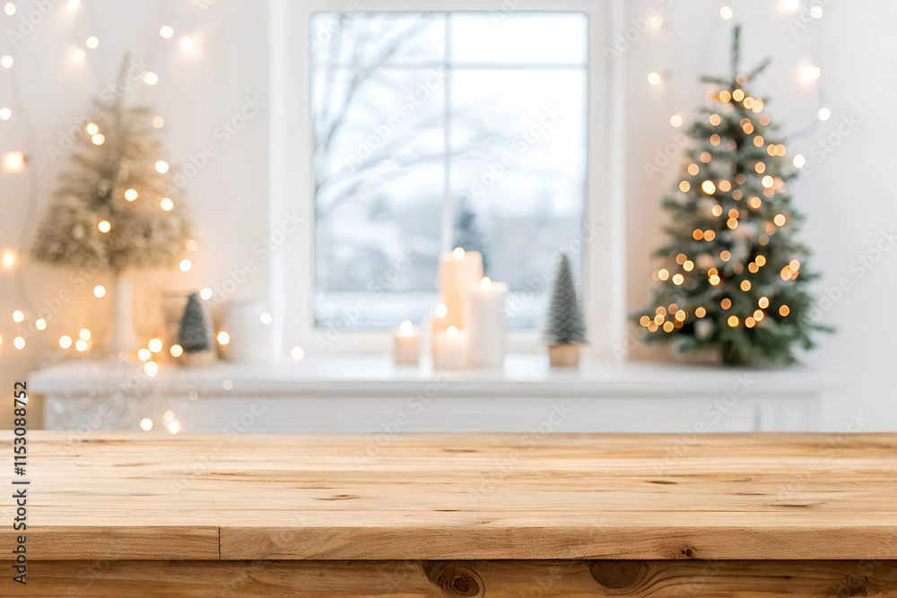 a warm wooden table in the foreground, with soft Christmas decorations in the background a warm wooden table in the foreground, with soft Christmas decorations in the background