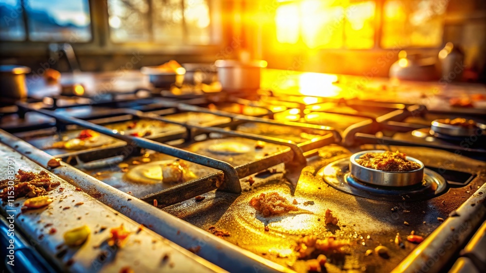 Dirty Kitchen Gas Stove with Golden Light on Textile - Stock Photo Dirty Kitchen Gas Stove with Golden Light on Textile - Stock Photo