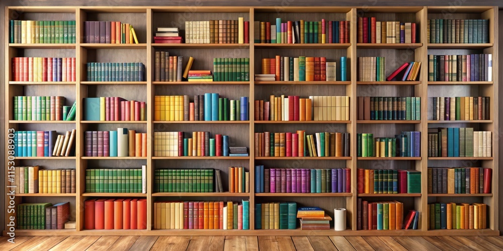 A bookshelf with books of various sizes and colors, creating a visually appealing word cloud effect , book arrangement, fiction collection A bookshelf with books of various sizes and colors, creating a visually appealing word cloud effect , book arrangement, fiction collection