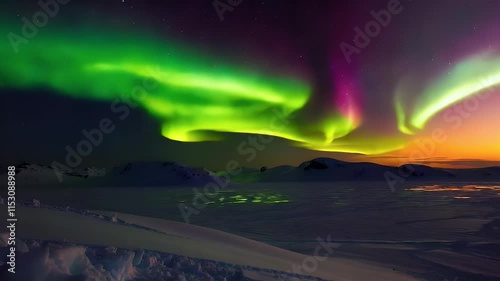 Wallpaper Mural A glowing aurora borealis stretching across a snow-covered tundra. The vibrant lights shimmer and reflect off the ice, creating a surreal and breathtaking landscape. Torontodigital.ca