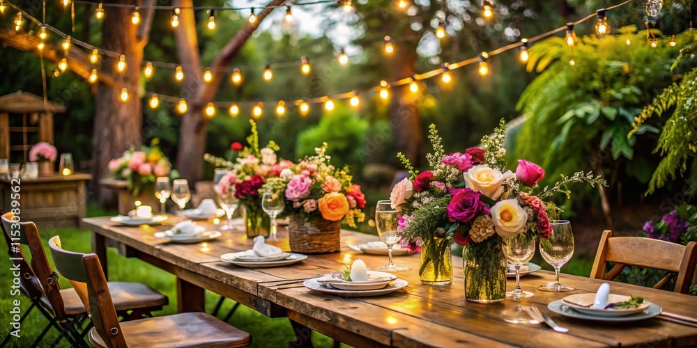 Obraz premium DIY Backyard Wedding Reception Table Decor: Rustic Chic Setting with Floral Arrangements and String Lights