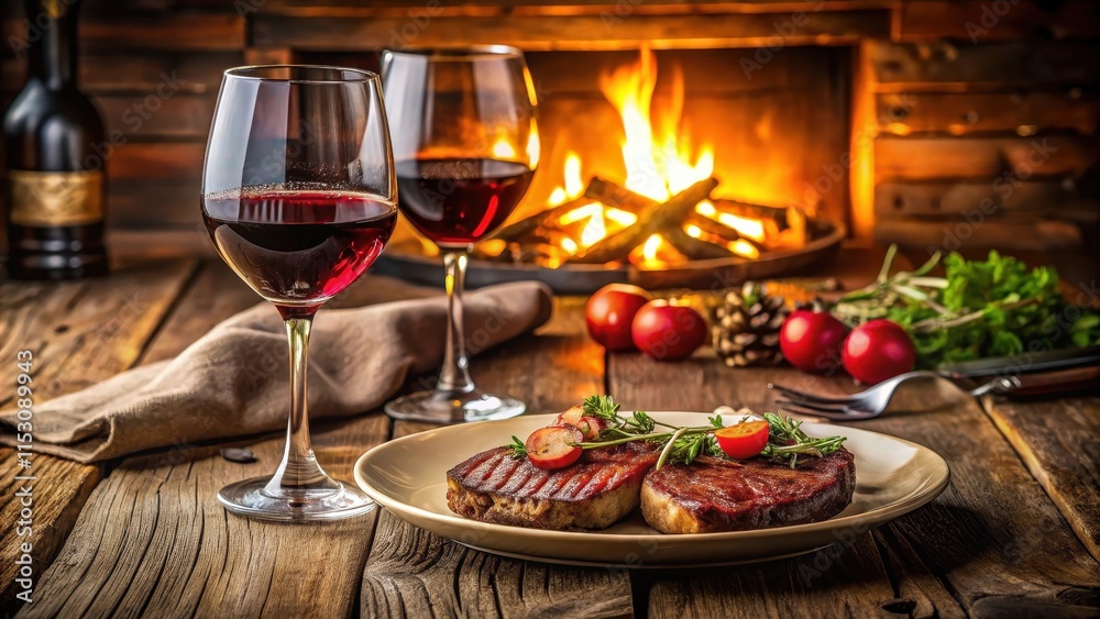Cozy dinner for two in a romantic setting with grilled steaks and red wine on a wooden table, intimate, steak, intimate Cozy dinner for two in a romantic setting with grilled steaks and red wine on a wooden table, intimate, steak, intimate