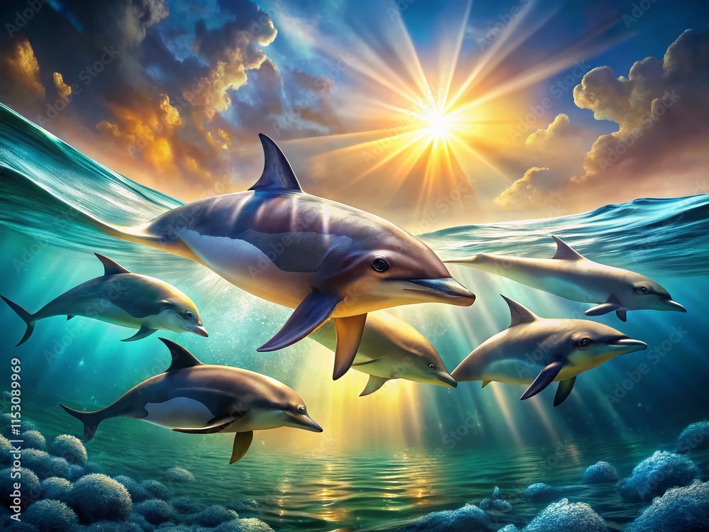 Obraz premium Dolphins Ocean High-Resolution Stock Photo: Majestic Marine Mammals Swimming in Crystal Clear Water