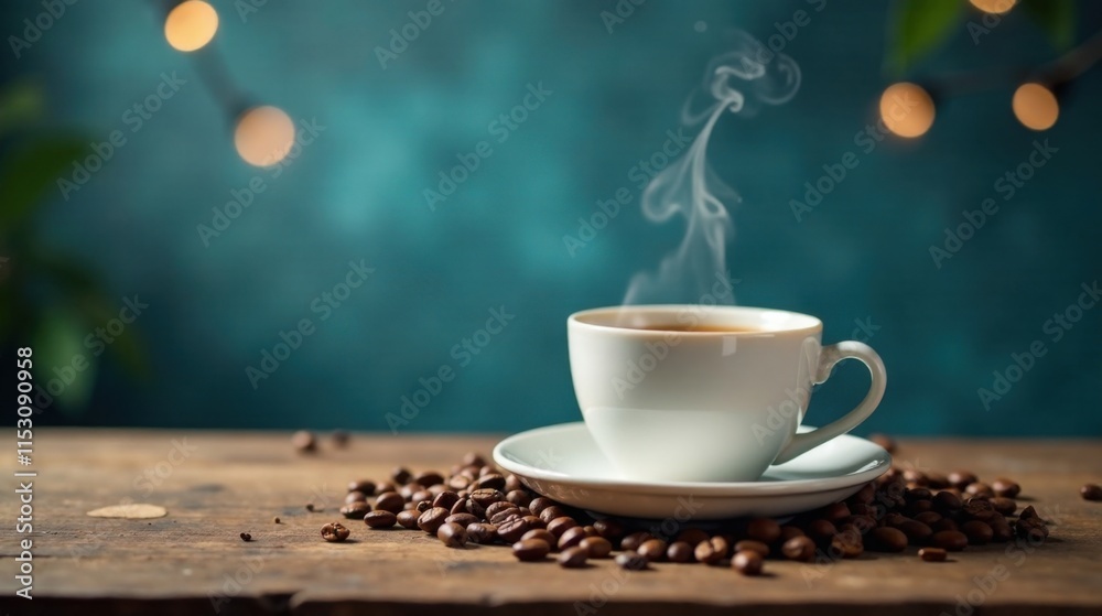 Obraz premium Aromatic Coffee Steam Rising from a White Mug on a Rustic Wooden Table with Roasted Beans