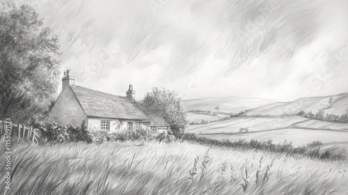A serene landscape featuring a quaint cottage amidst rolling hills and a cloudy sky.
