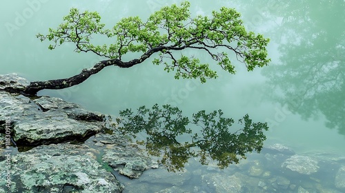 Serene Mountain Lake with Pine Trees Reflection2 photo