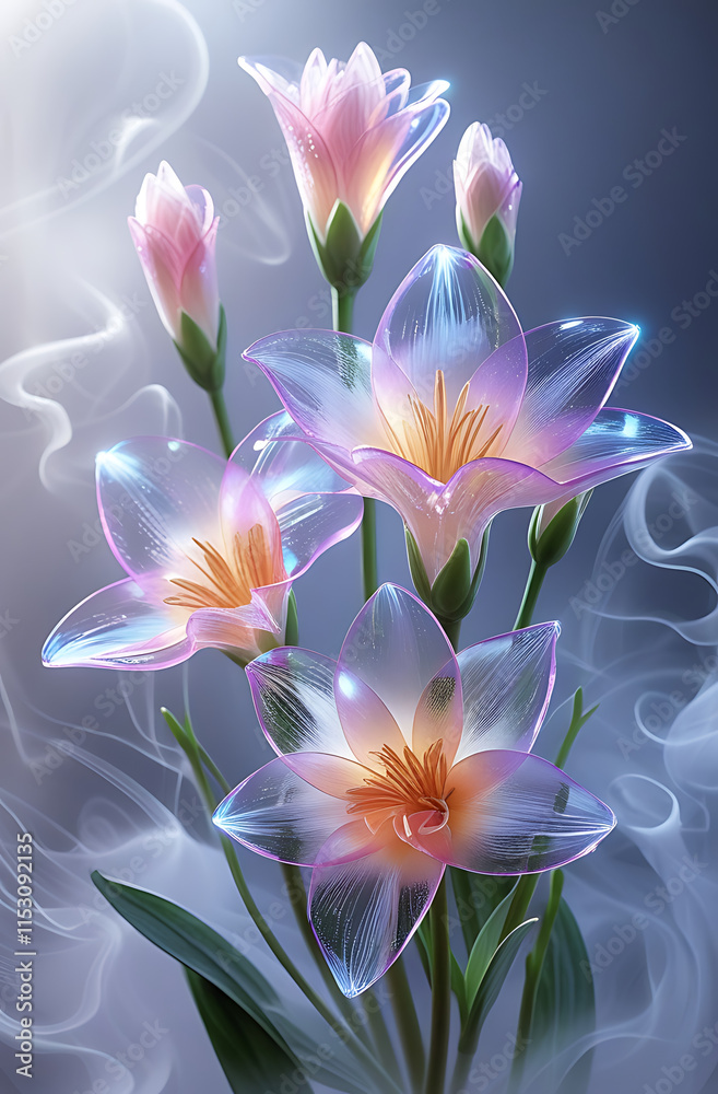 Fototapeta premium A beautiful spectrum of Alstroemerias flowers with delicate, translucent petals illuminated by soft light. Created with generative AI