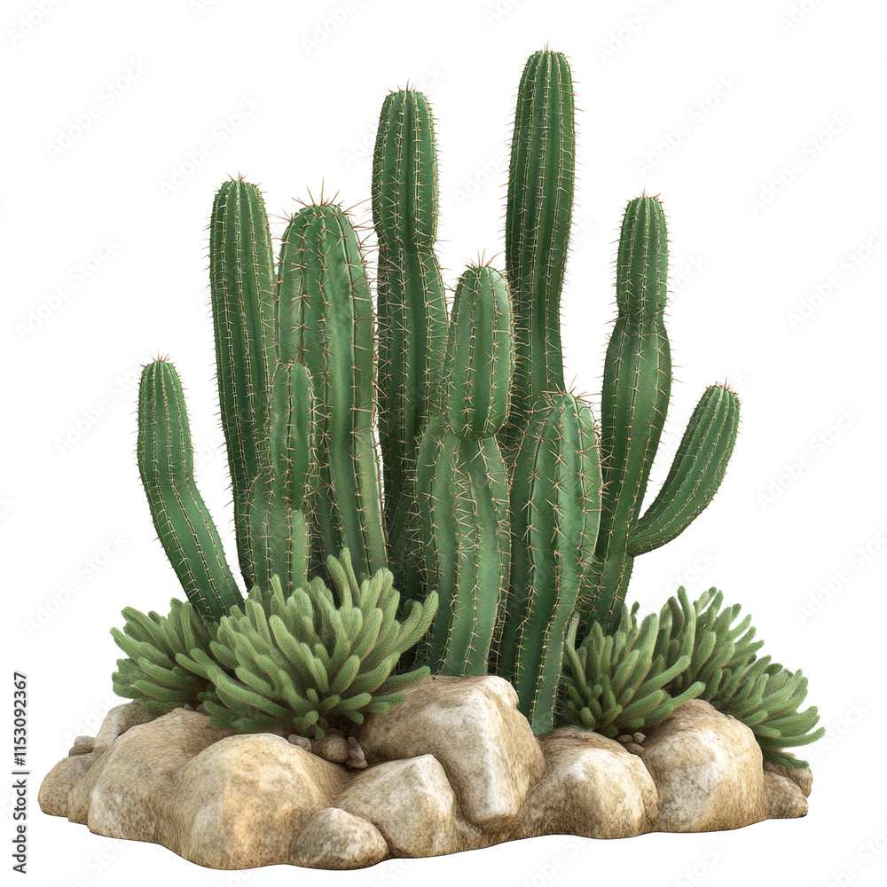 Realistic Cluster of Green Cacti with Rocks Realistic Cluster of Green Cacti with Rocks