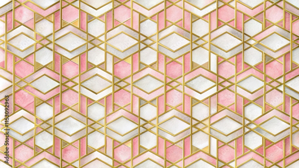 Fototapeta premium Geometric shapes with gold and pink hues intertwined in a seamless pattern on a white background, modern, texture, modern, texture