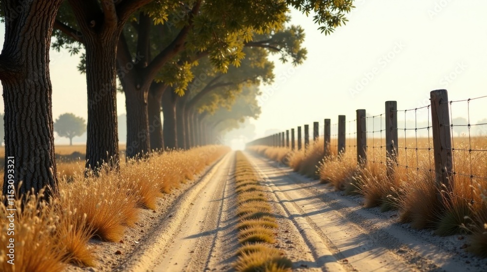 Naklejka premium Serene Dirt Road Lined with Majestic Trees and a Wire Fence at Dawn