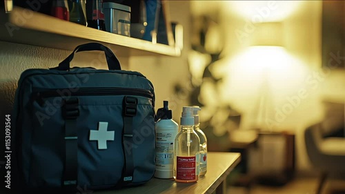 A family room with an emergency preparedness setup, warm lighting from a lamp highlighting a stocked emergency kit on a shelf, detailed view of first aid supplies, water, and a portable phone