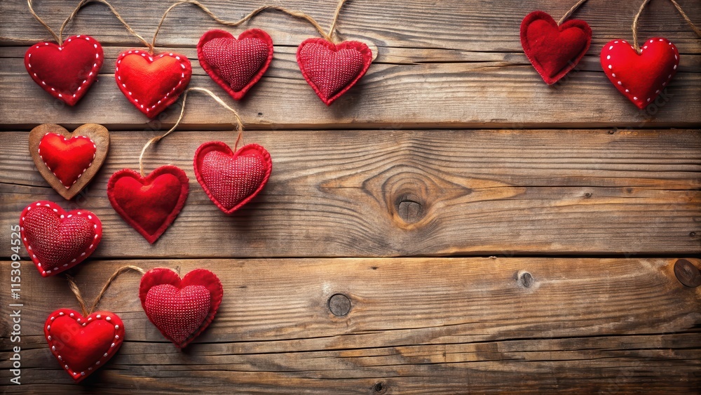 Fototapeta premium Warm red heart-shaped decorations on a rustic wooden table , Valentine's Day decor, home decor