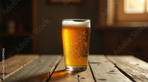 A frosty pint of golden ale rests on a rustic wooden table, bathed in warm, inviting light