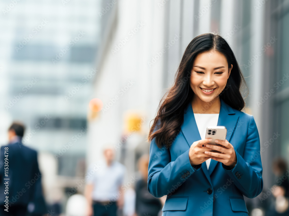 business woman holding phone walking on the street happy and busy business woman holding phone walking on the street happy and busy