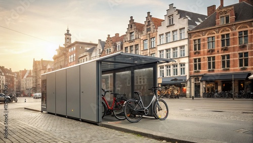 Double Exposure: Urban Cycling Storage, Belgian Cityscape, Bicycle Hangar, Street Scene, Diest photo