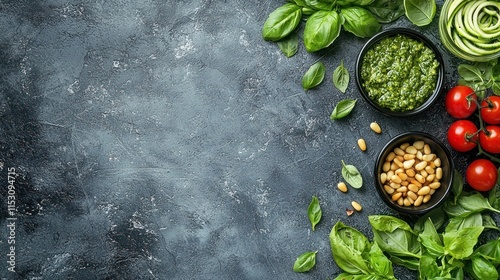 Fresh Pesto Ingredients Arranged On Dark Background