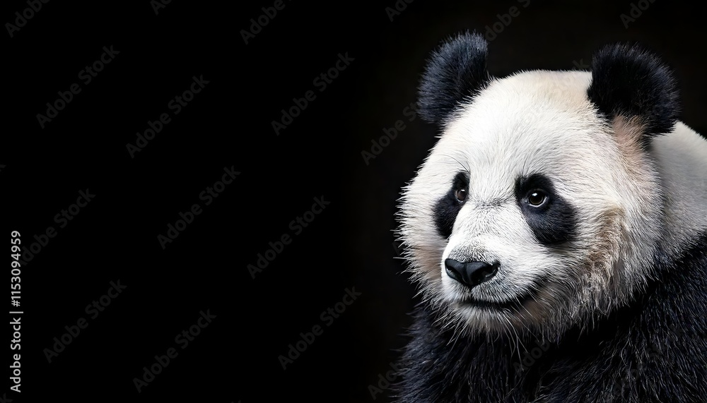 Fototapeta premium A panda highlighted against a black background and showcasing its distinctive fur, serene and striking