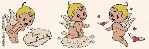 Set of retro cupid with wings, cloud and hearts illustration. Hand drawn line art vintage element for card, poster, design.