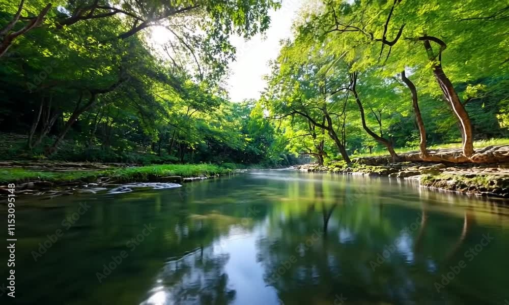 Serene river flowing through lush green forest, sunlit rocks in tranquil water. Serene river flowing through lush green forest, sunlit rocks in tranquil water.
