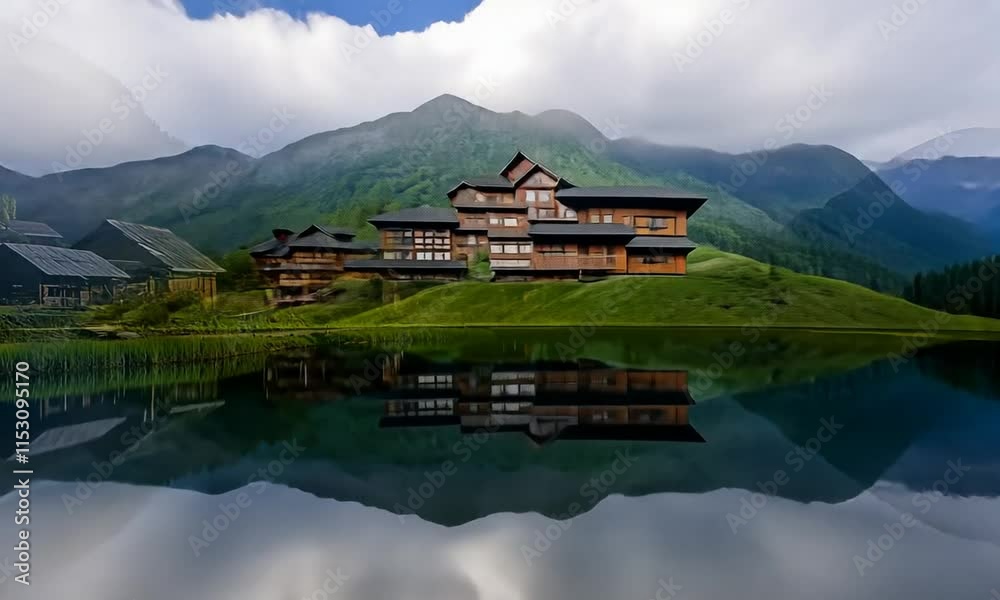 Serene landscape featuring mountains, a calm lake, and traditional houses reflecting nature's beauty. Serene landscape featuring mountains, a calm lake, and traditional houses reflecting nature's beauty.