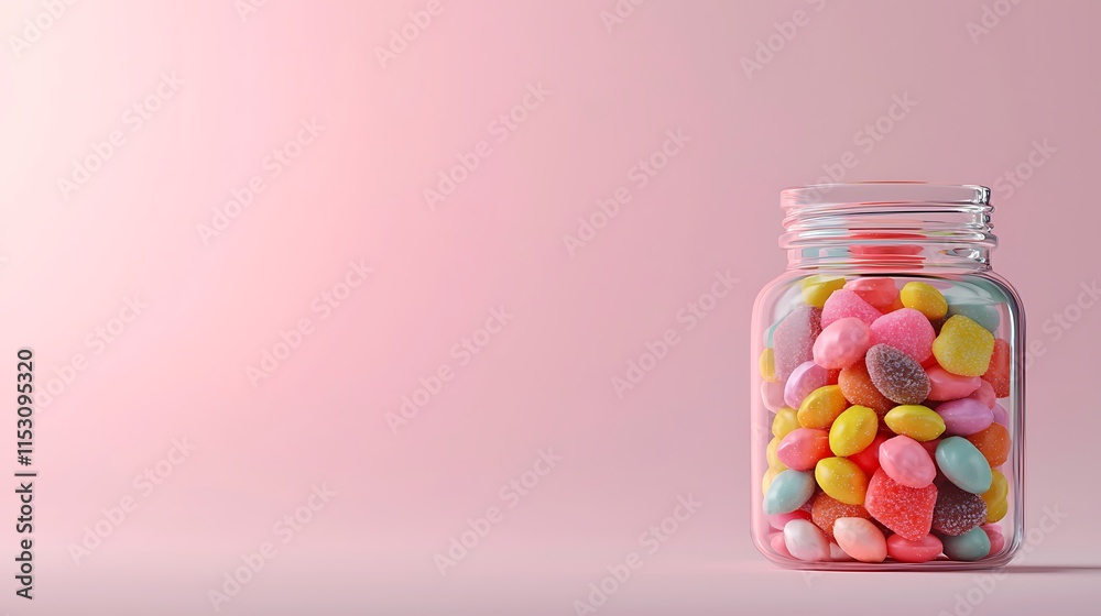 Colorful Candies in Glass Jar Pink Background Sweet Treats Colorful Candies in Glass Jar Pink Background Sweet Treats
