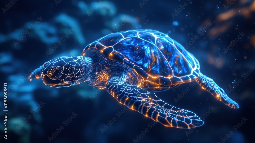 Fototapeta premium Glowing Turtle Swimming Through a Vibrant Ocean Environment