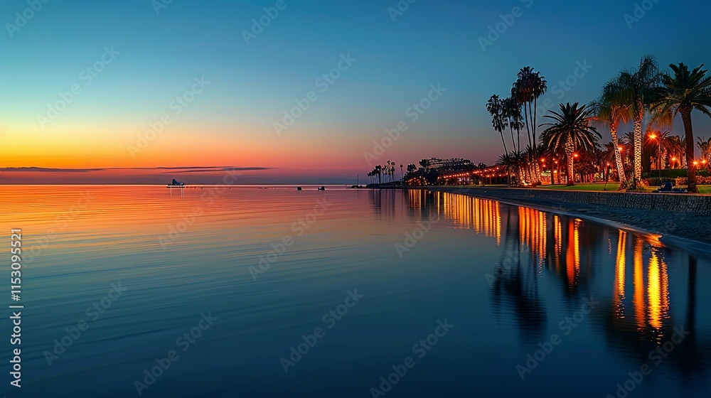 Fototapeta premium Serene Sunset over Coastal Palm Trees and Calm Ocean Waters