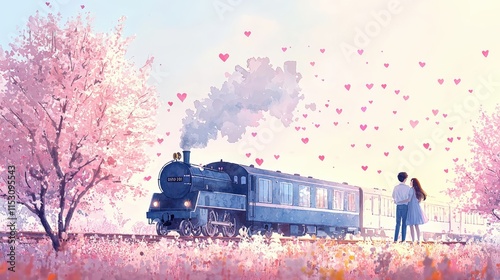 Romantic train journey, cherry blossoms, hearts