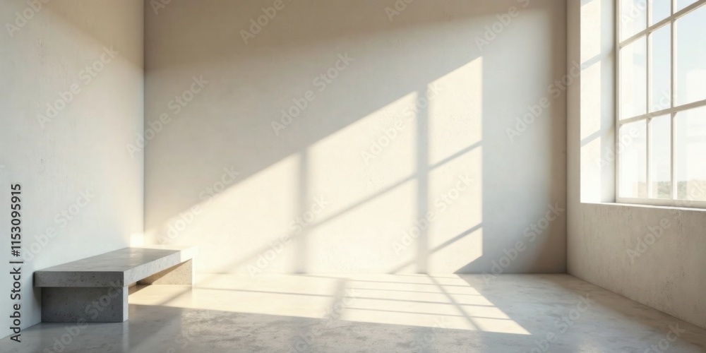 Fototapeta premium Sunlit Minimalist Room with Concrete Bench and Large Window