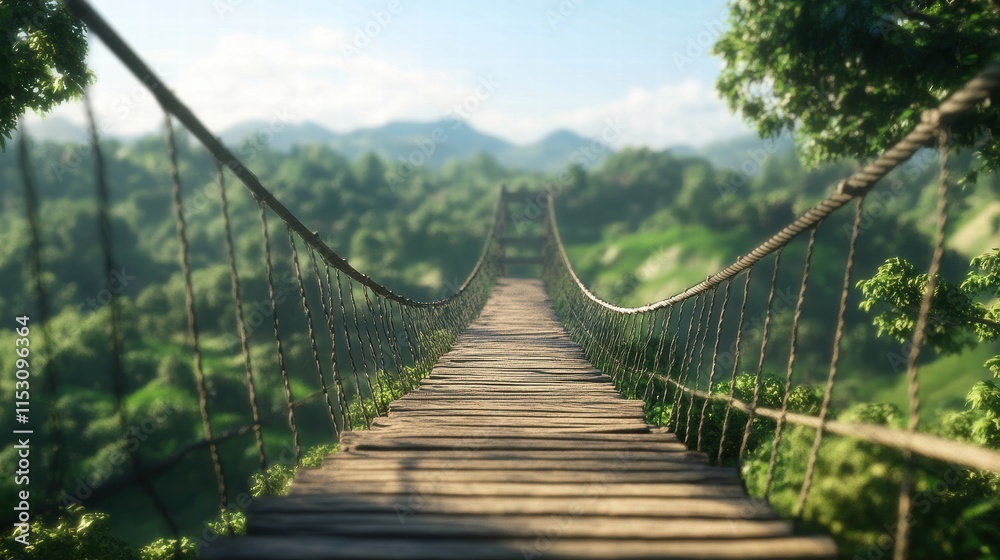 Obraz premium Serene Suspension Bridge Over Lush Green Valley in Bright Daylight