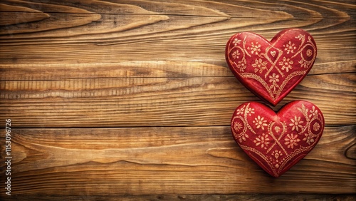 Cozy couple of red hearts nestled in the wooden grain, adorned with delicate patterns and subtle textures, on a warm and inviting background , valentines day, love