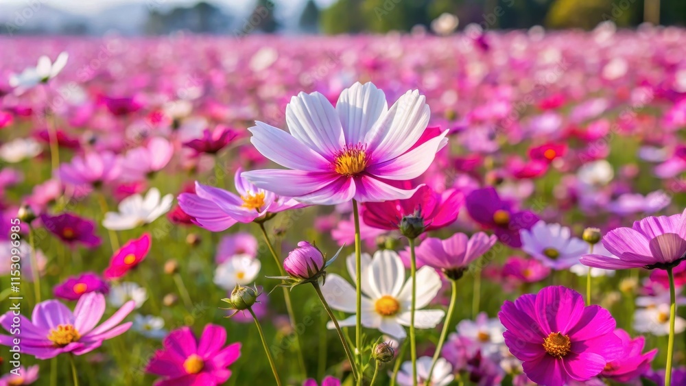 Vibrant cosmos flower field with varying shades of purple, pink and white flowers Vibrant cosmos flower field with varying shades of purple, pink and white flowers