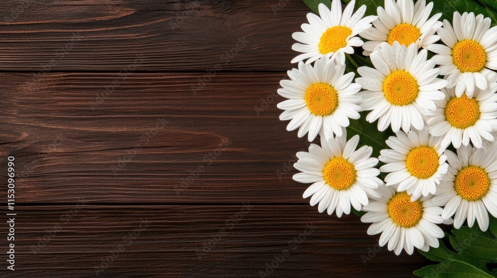 Obraz premium Daisy flowers arrangement on wooden table nature photography rustic environment close-up view for floral aesthetics