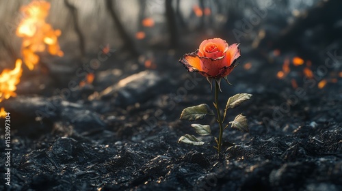 Beautiful Rose Blooming in Charred Landscape After Wildfire Event