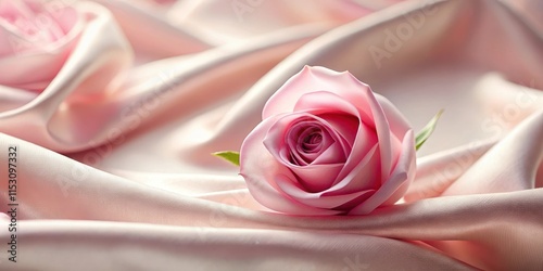 A delicate pink rose gently falls onto a luxurious soft silk fabric, its petals unfolding like tiny cupids', rose bouquet, delicate bloom