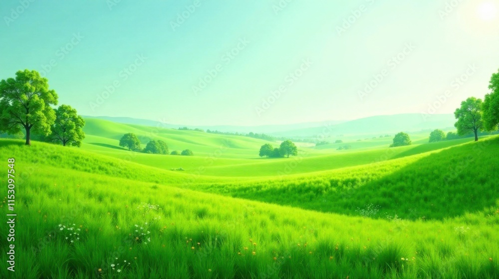 Serene Landscape of Rolling Green Hills and Lush Meadows Under a Bright Sky Serene Landscape of Rolling Green Hills and Lush Meadows Under a Bright Sky