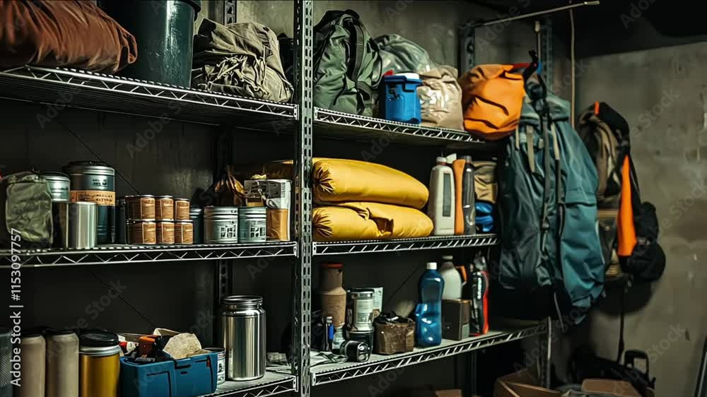 doomsday prepper shelves stocked with canned goods, water, and emergency supplies