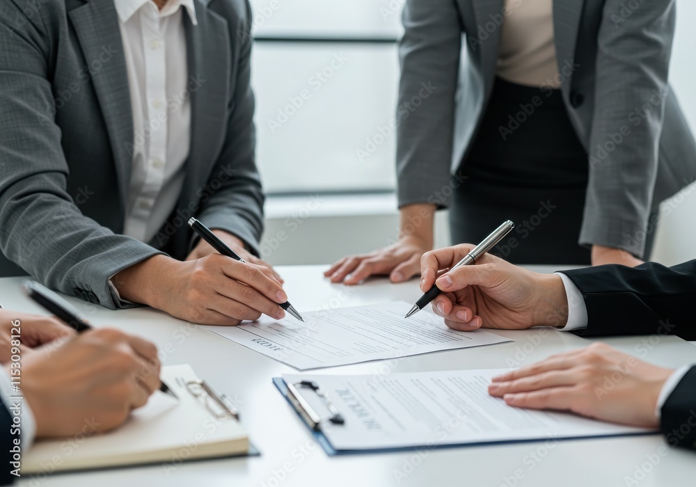 © Muaz - business meeting, office, paperwork, document signing, professional attire, close-up of hands