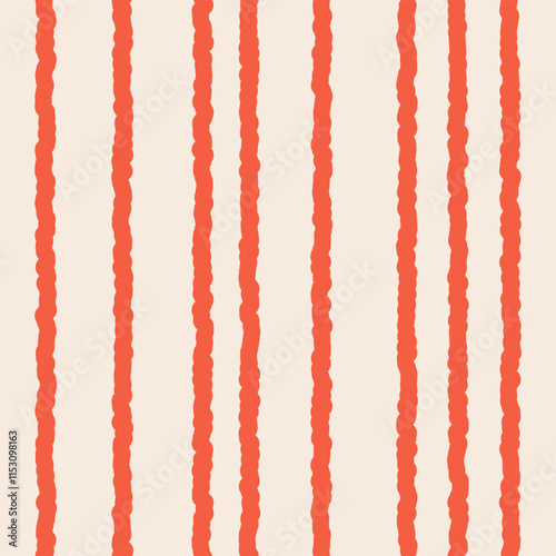 Abstract seamless pattern of red wavy vertical stripes on a light background, hand drawn illustration, flat style	